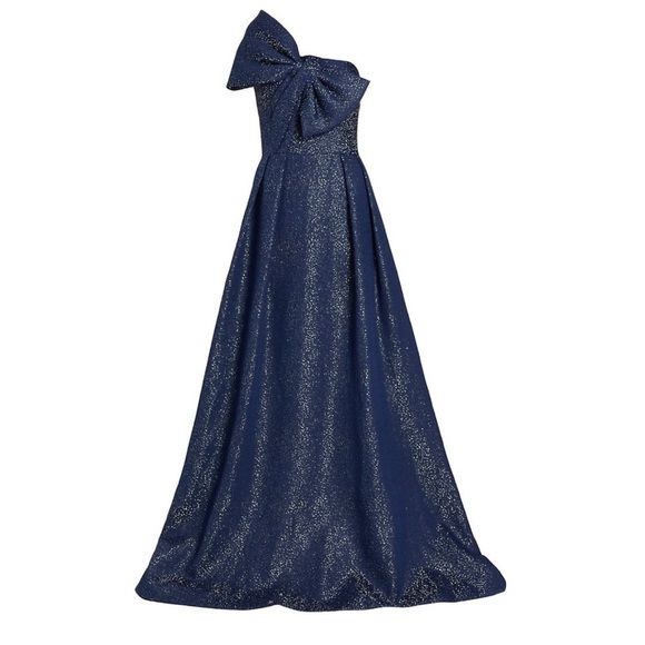 Teri Jon By Rickie Freeman Asymmetric Bow Metallic Sparkle Jacquard Maxi Gown - Picture 5 of 13